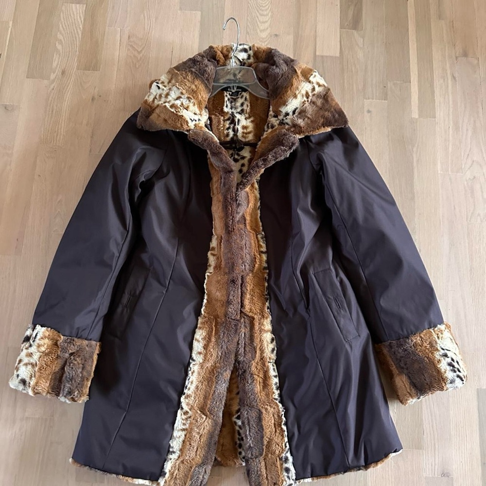 Dennis Basso Brown Tan Teddy Jacket with Faux Fur Trim